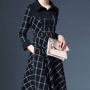 Black Shirt Collar Checkered/Plaid A-Line Dress